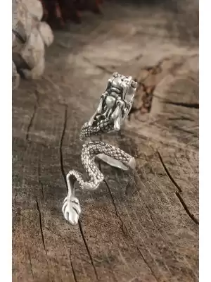 Antik Gümüş Renk Ejderha Model Ayarlanabilir Erkek Yüzük