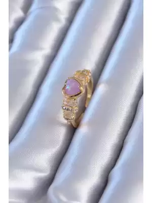 Baget Ve Zirkon Taşlı Mor Kalp Gold Renk Pirinç Kadın Yüzük