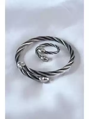 Çelik Gümüş Siyah Renk Burgu Model Erkek Bileklik Yüzük Seti