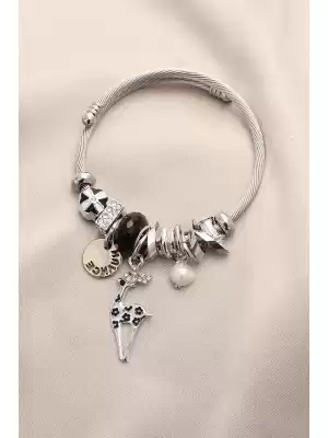 Geyik Model Siyah Taşlı Charm Bilezik