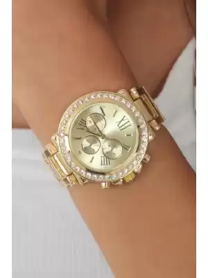 Gold Metal Kasa Taşlı Kadın Kol Saati