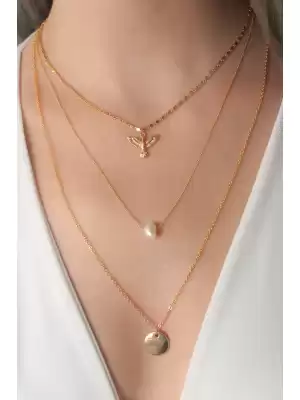 Gold Renk Kuş Figür Kalp Detay 3lü Kadın Kolye