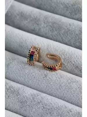 Gold Renk Renkli Kristal Taşlı Earcuff Pirinç Kadın Kıkırdak Küpe