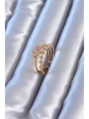 Gold Renk Zarif Pembe Taşlı Pirinç Kadın Yüzük