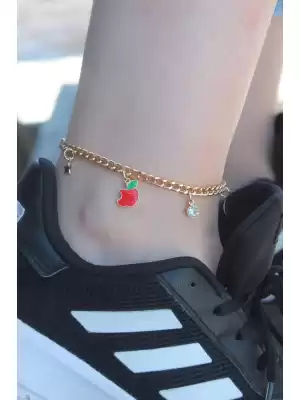 Gold Renk Zincir Model Elma Figür Zirkon Taşlı Kadın Halhal