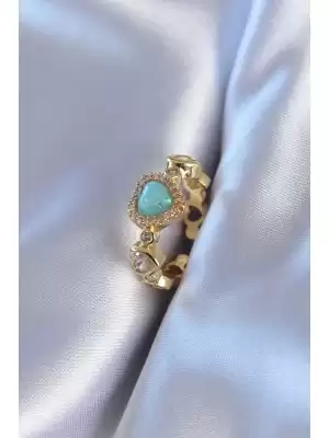 Gold Renk Zirkon Taşlı Turkuaz Renk Kalp Model Pirinç Kadın Yüzük