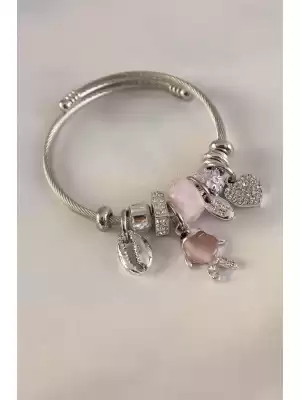 Gümüş Pembe Renk Balık Deniz Kuyruğu Figür Zirkon Taş Detay Charm Model Kadın Bileklik
