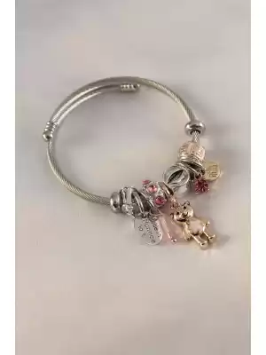 Gümüş Pembe Renk Yıldız İşleme Ayıcık Figür Zirkon Taş Detay Charm Model Kadın Bileklik