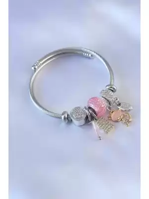 Gümüş Renk Pembe Boncuk Zirkon Taşlı Charm Model Kadın Bileklik