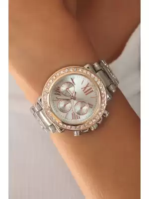 Gümüş Rose Renk Taşlı Metal Kasa Kadın Kol Saati