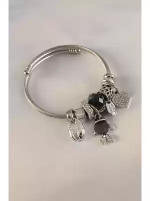 Gümüş Siyah Renk Balık Figür Zirkon Taş Detay Charm Model Kadın Bileklik
