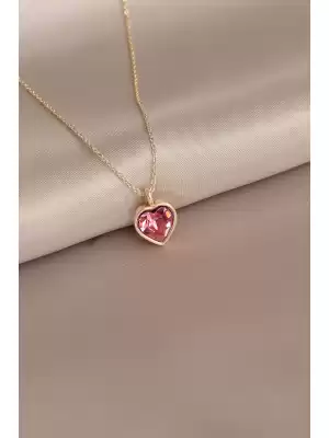 Pembe Kristal Zirkon Taşlı Kalp Kadın Kolye