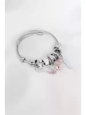 Pembe Renk Kuğu Figüt Yaprak Detay Gümüş Renk Çelik Charm Bileklik