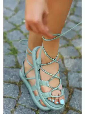 Saby Mint Yeşili Cilt Bağcıklı Sandalet