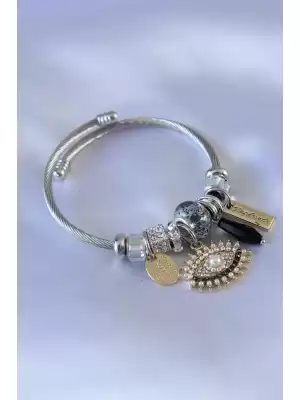 Siyah İncili Göz Detaylı Charm Bileklik