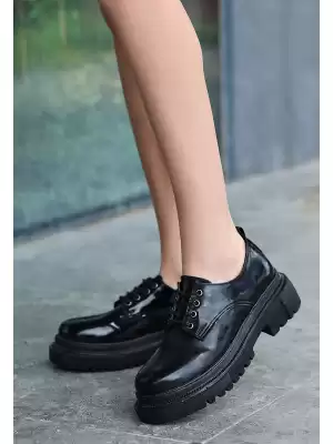 Teri Siyah Rugan Bağcıklı Ayakkabı