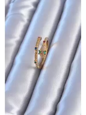 Yılan Model Gold Renk Zirkon Taşlı Pirinç Kadın Yüzük