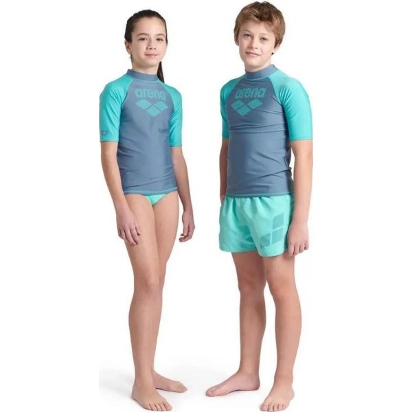 Arena Rash Vest L/S Graphic Erkek Çocuk Yüzücü Tişörtü Gri-Turkuaz
