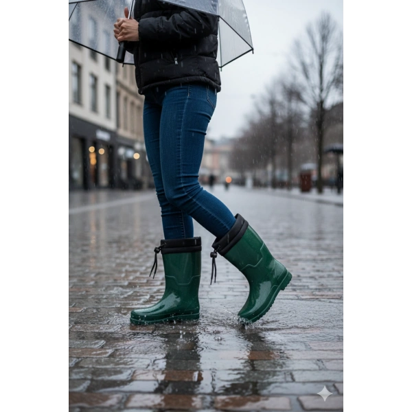 Konçlu Peluşlu Kadın Yağmur Çizmesi 36-40 Koyu Yeşil