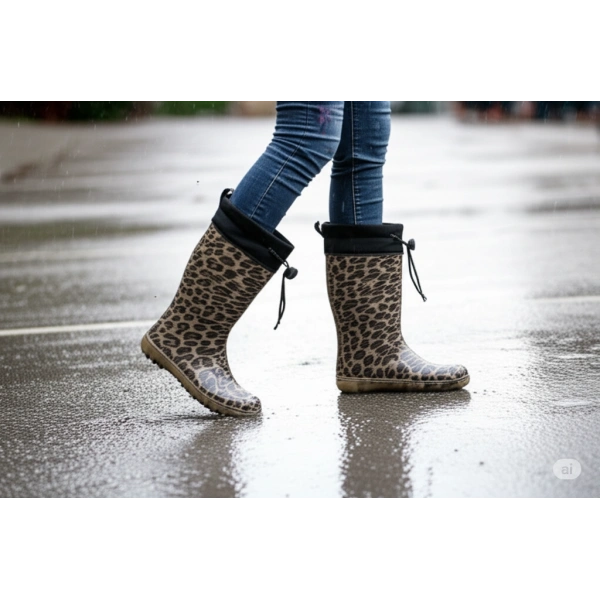 Konçlu Peluşlu Kadın Yağmur Çizmesi 36-40 Leopar Desenli