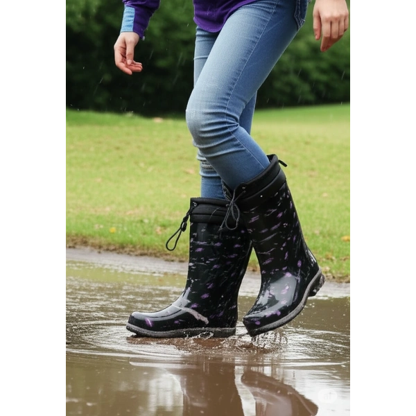 Konçlu Peluşlu Kadın Yağmur Çizmesi 36-40 Mor Çiçekli