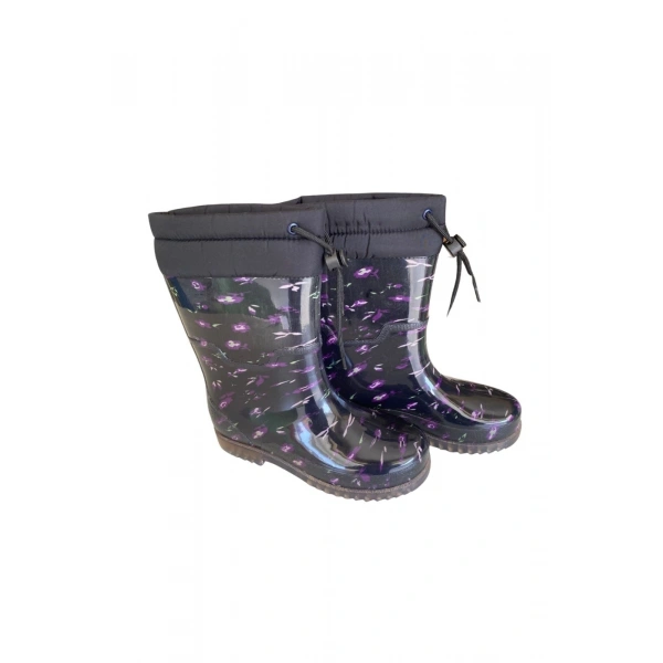 Konçlu Peluşlu Kadın Yağmur Çizmesi 36-40 Mor Çiçekli