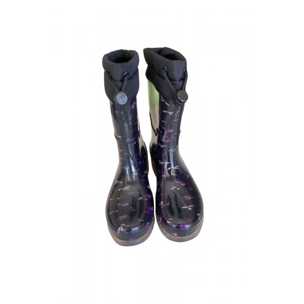 Konçlu Peluşlu Kadın Yağmur Çizmesi 36-40 Mor Çiçekli