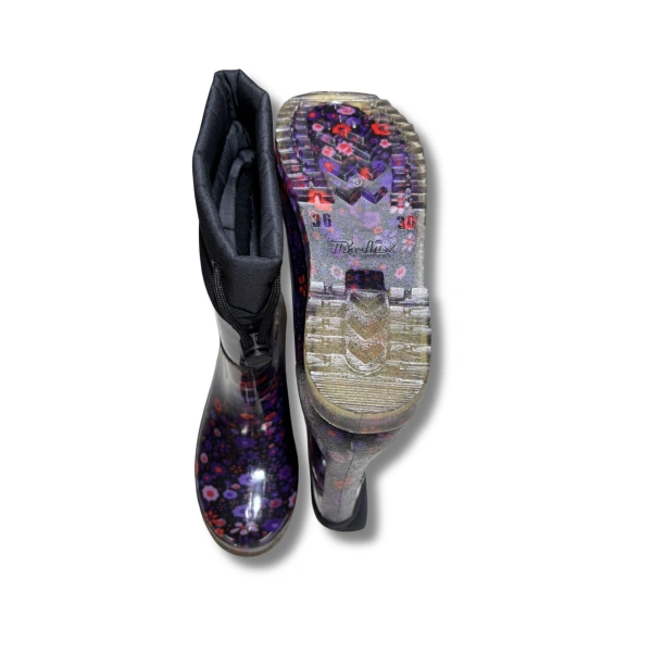 Konçlu Peluşlu Kadın Yağmur Çizmesi 36-40 Mürdüm Çiçekli