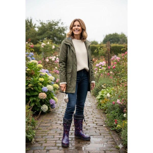 Konçlu Peluşlu Kadın Yağmur Çizmesi 36-40 Mürdüm Çiçekli