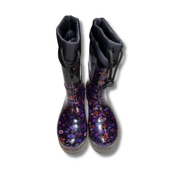 Konçlu Peluşlu Kadın Yağmur Çizmesi 36-40 Mürdüm Çiçekli