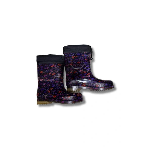 Konçlu Peluşlu Kadın Yağmur Çizmesi 36-40 Mürdüm Çiçekli