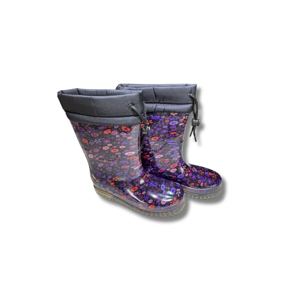 Konçlu Peluşlu Kadın Yağmur Çizmesi 36-40 Mürdüm Çiçekli