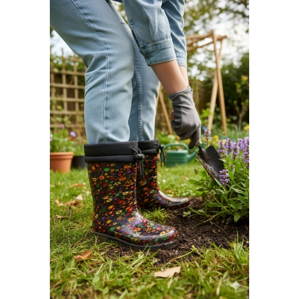 Konçlu Peluşlu Kadın Yağmur Çizmesi 36-40 Sarı Çiçekli