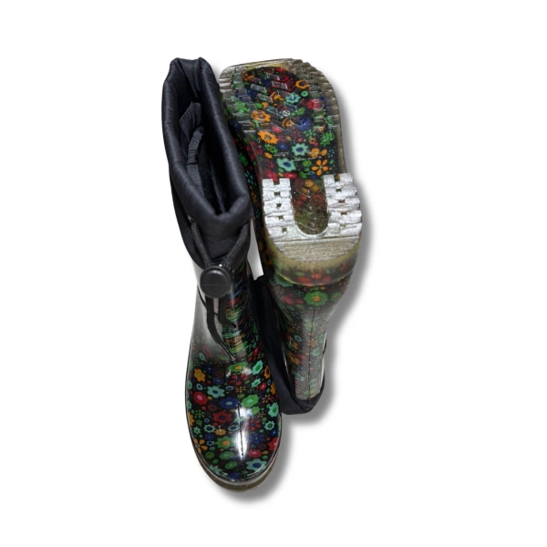 Konçlu Peluşlu Kadın Yağmur Çizmesi 36-40 Yeşil Çiçekli