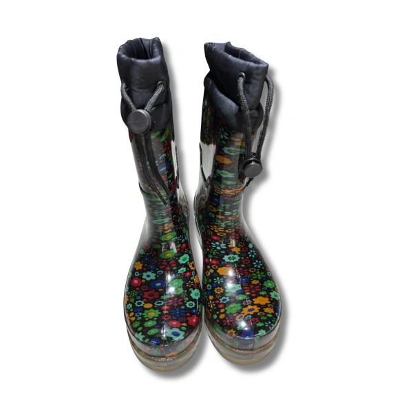 Konçlu Peluşlu Kadın Yağmur Çizmesi 36-40 Yeşil Çiçekli