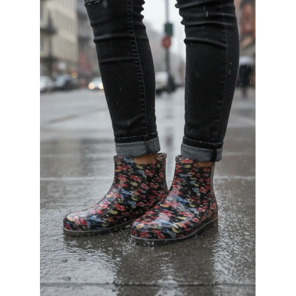 Potin Yağmur Kadın Botu 36-40 Kırmızı Çiçekli