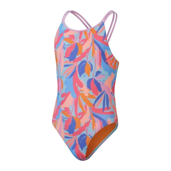 Speedo Printed Twinstrap Kız Çocuk Yüzücü Mayosu Pembe-Mavi