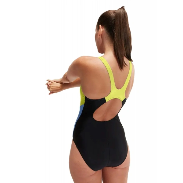 Speedo Lastikli Bel Normal Kalıp Kadın Mayosu Siyah-Sarı