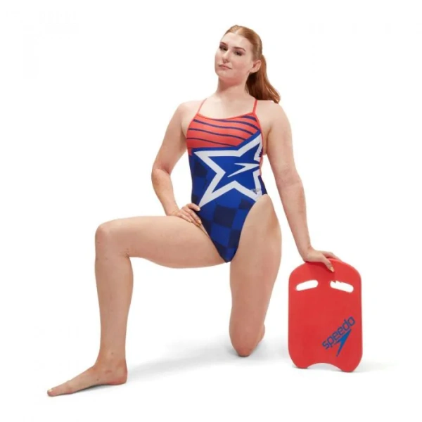 Speedo Digital Baskılı V Back Kadın Yüzücü Mayosu Mavi-Turuncu