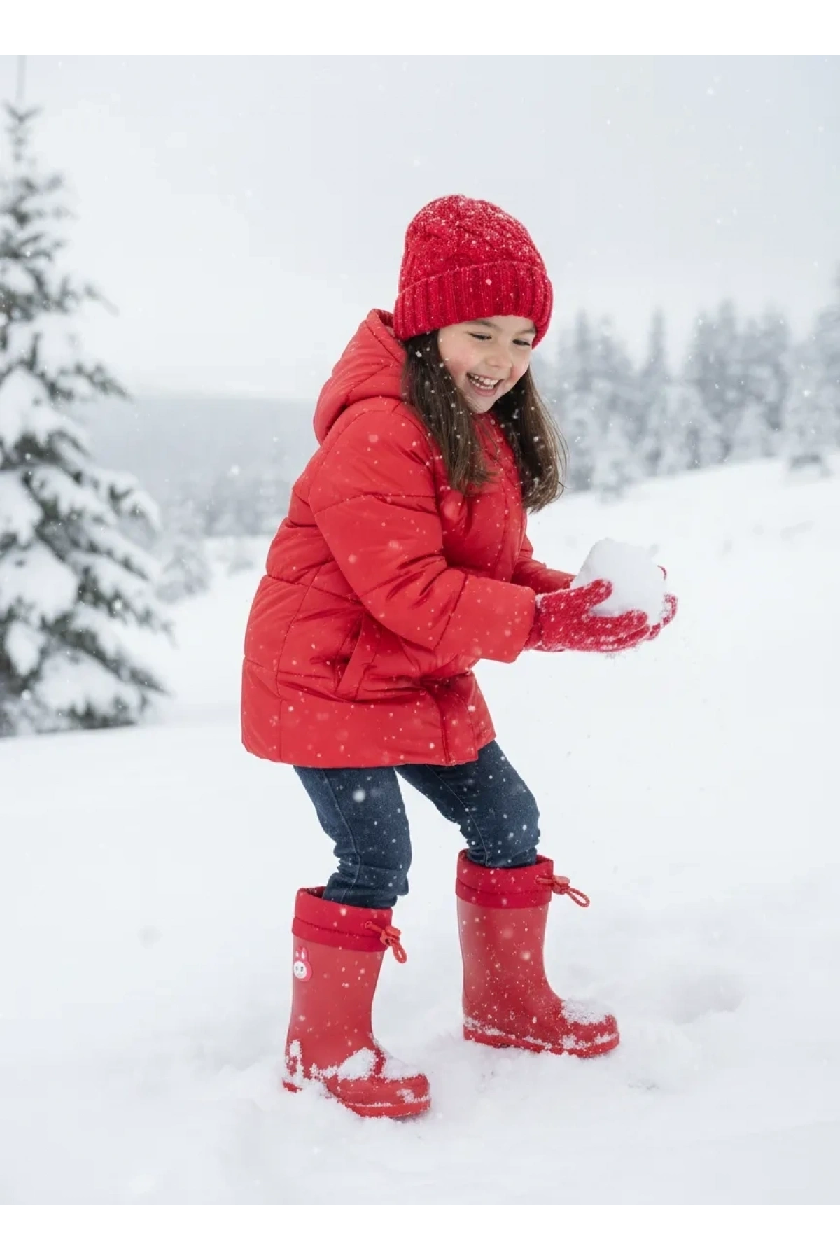 Konçlu Peluşlu Emojili Kız Çocuk Yağmur Çizmesi 26-35 Kırmızı