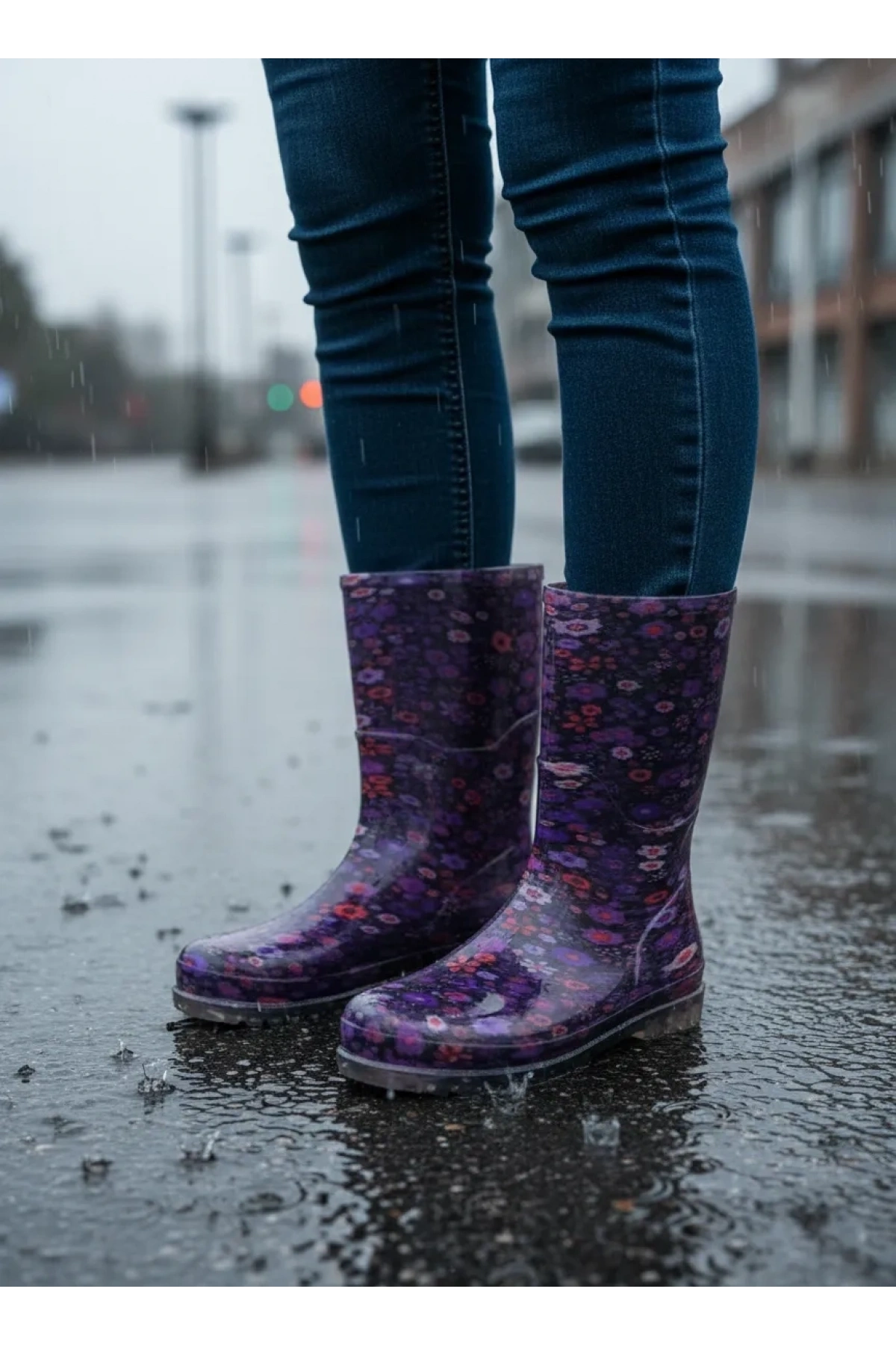 Bahçe ve Yağmur Çiçek Desenli Kadın Çizmesi 36-40 Mürdüm