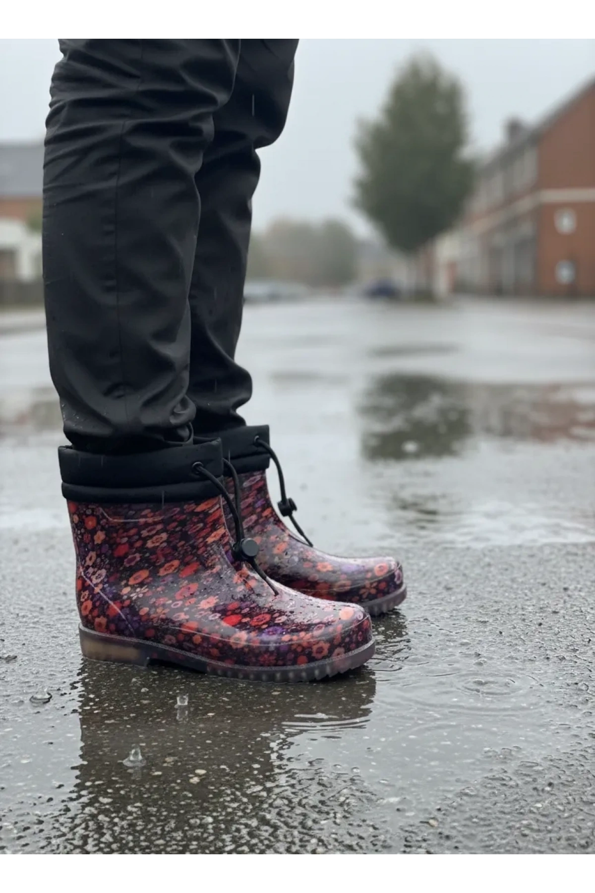 Konçlu Peluşlu Çiçek Desenli Potin Kadın Yağmur Botu 36-40 Turuncu