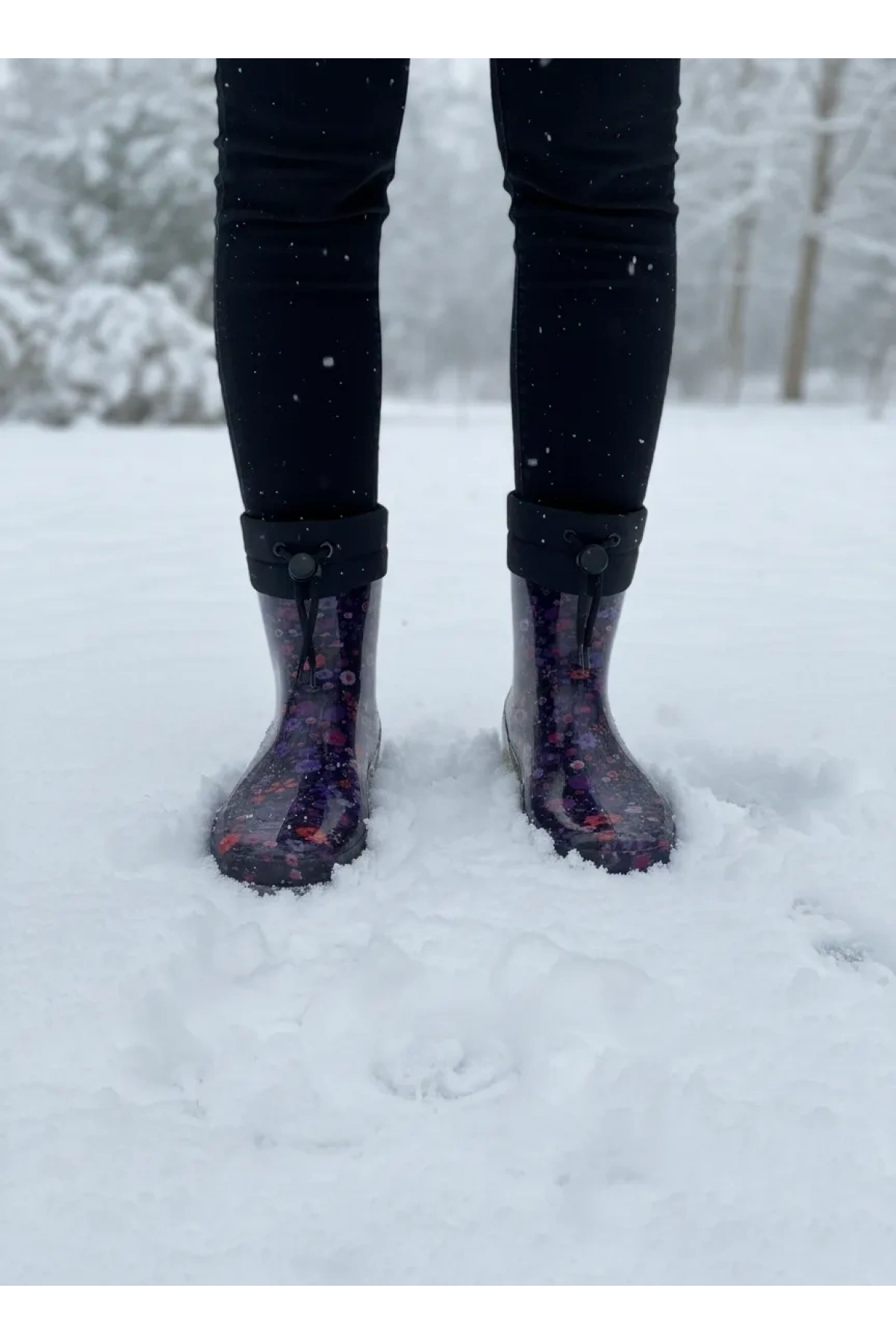 Konçlu Peluşlu Çiçek Desenli Potin Kadın Yağmur Botu 36-40 Mürdüm