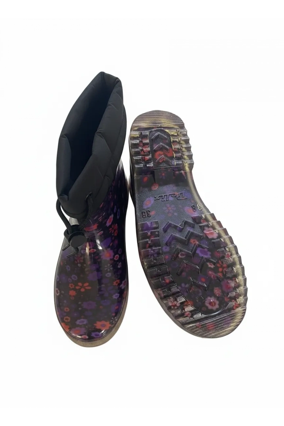 Konçlu Peluşlu Çiçek Desenli Potin Kadın Yağmur Botu 36-40 Mürdüm