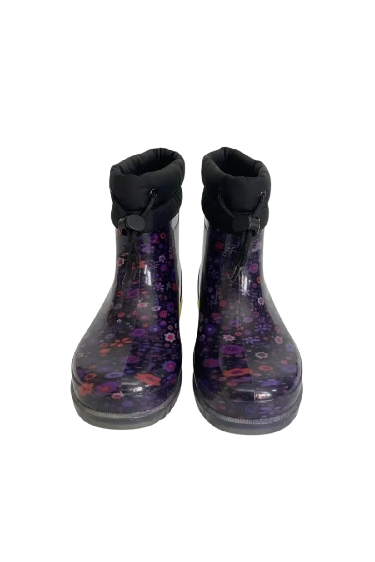 Konçlu Peluşlu Çiçek Desenli Potin Kadın Yağmur Botu 36-40 Mürdüm