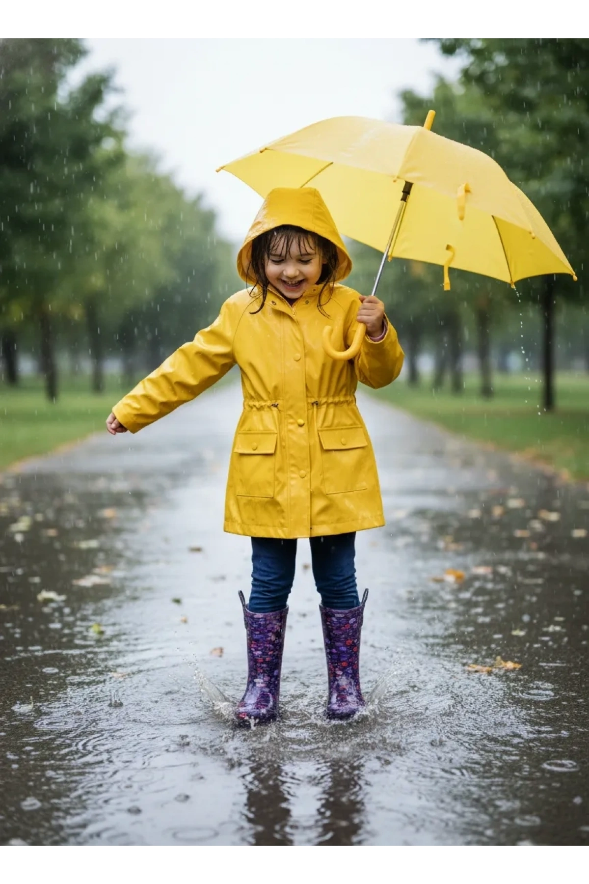 Bahçe ve Yağmur Çiçek Desenli Kız Çocuk Çizmesi 26-35 Mürdüm