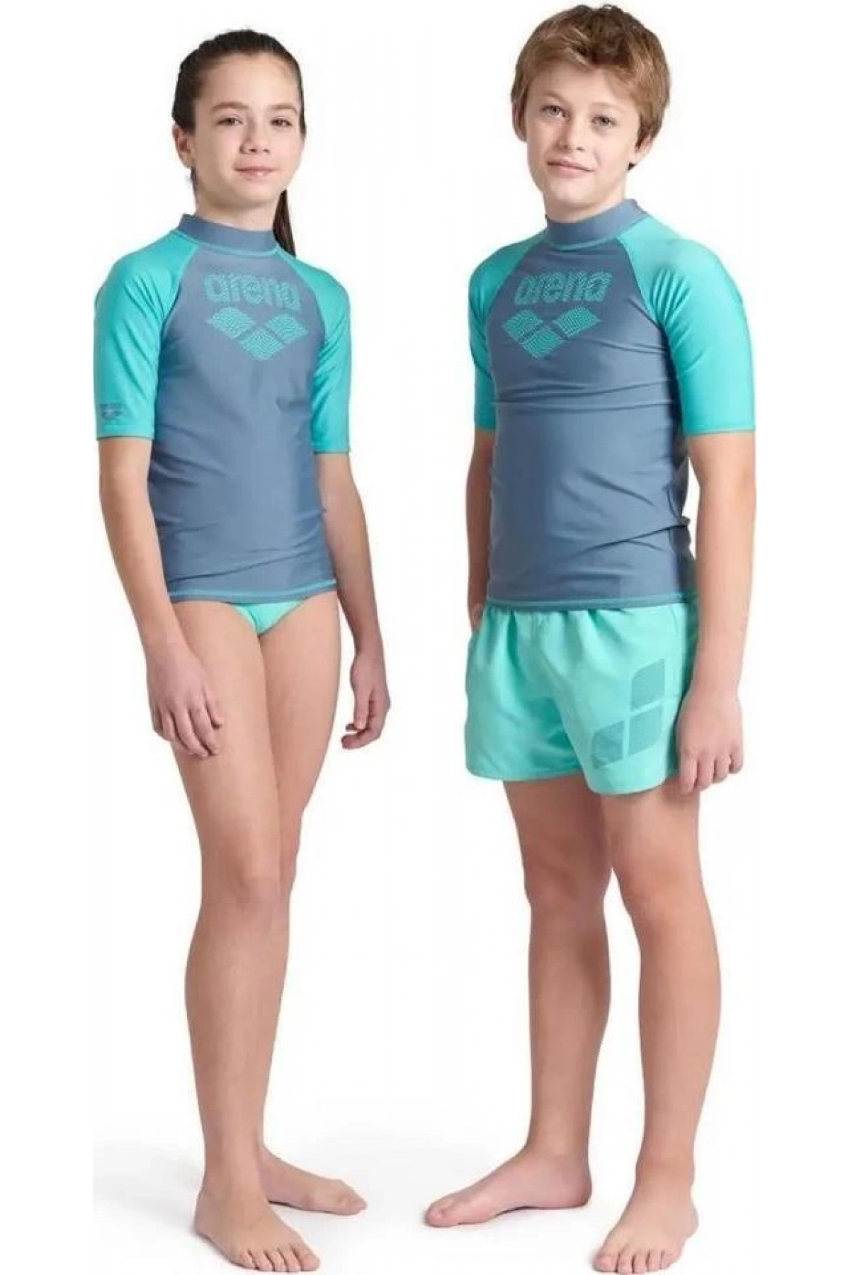 Arena Rash Vest L/S Graphic Erkek Çocuk Yüzücü Tişörtü Gri-Turkuaz