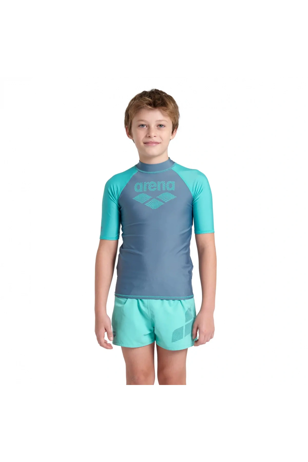 Arena Rash Vest L/S Graphic Erkek Çocuk Yüzücü Tişörtü Gri-Turkuaz