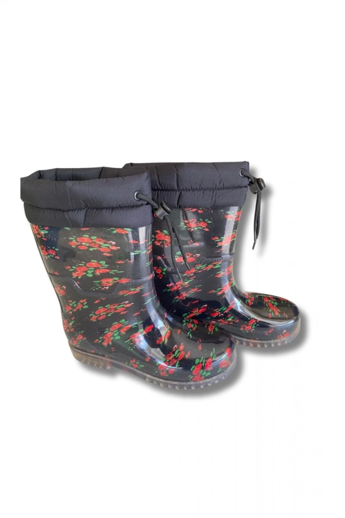 Konçlu Peluşlu Kadın Yağmur Çizmesi 36-40 Kırmızı Çiçekli