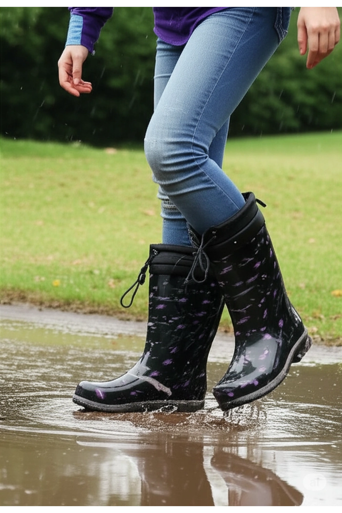 Konçlu Peluşlu Kadın Yağmur Çizmesi 36-40 Mor Çiçekli